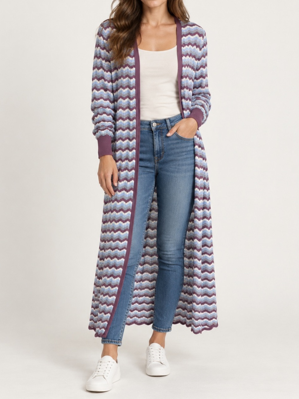 NWT Intimately Free People Chevron Knit Open Long Tunic Cardigan Sweater Blue XS
